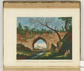 Ansicht eines kuriosen gewölbten Felsens mit einem Fluss darunter, Tolago Bay, an der Ostküste Neuseelands, Illustration aus A journal of a voyage to the South Seas : in His Majestys ship, the Endeavour, 1794